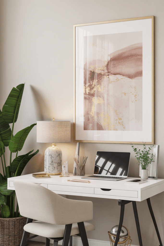 Abstract art print in blush and gold above girly desk.