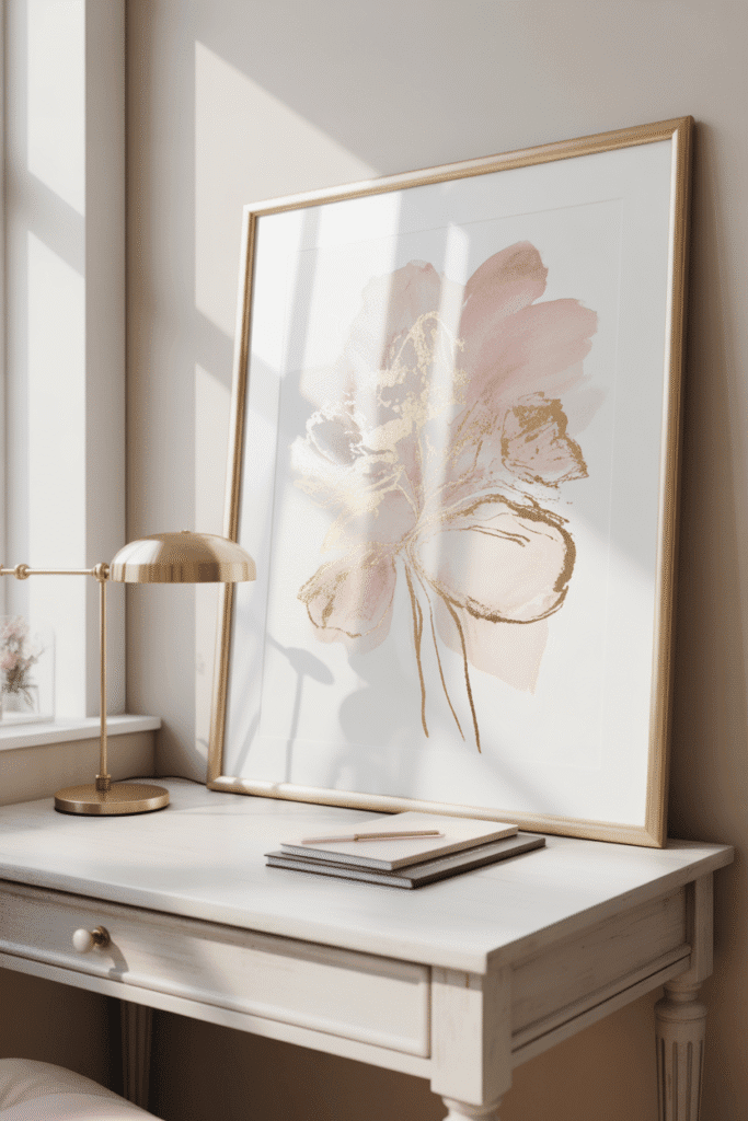 Abstract art print in blush and gold above girly desk.