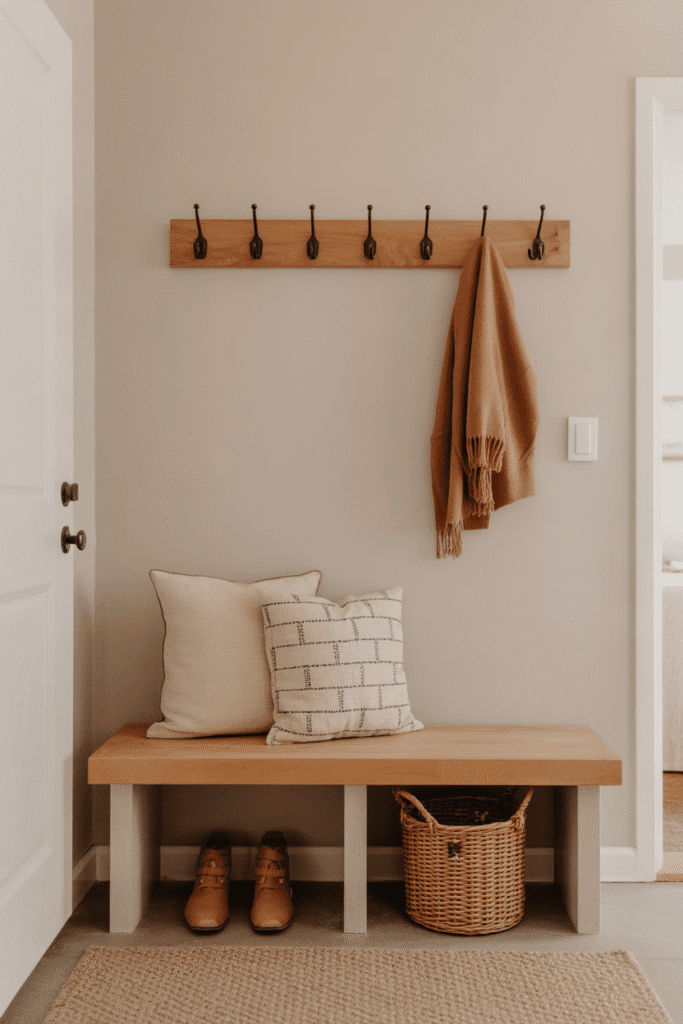 A slim bench provides seating and hidden storage in small entry areas.