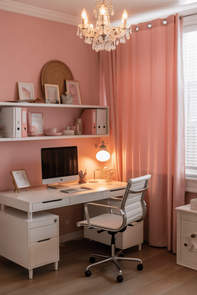 Girly office with soft desk lighting and chandelier.
