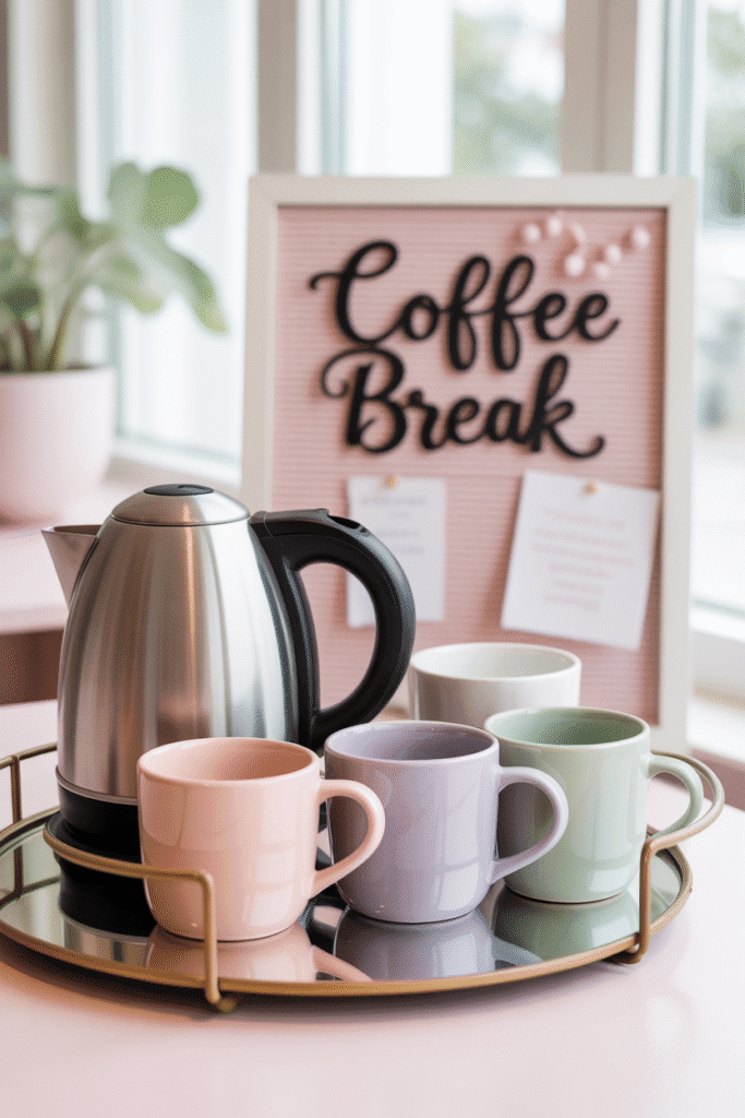 Feminine coffee station with pastel mugs and gold tray.