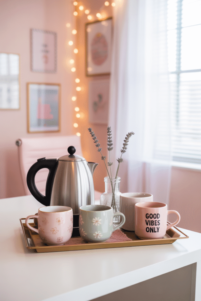 Feminine coffee station with pastel mugs and gold tray.