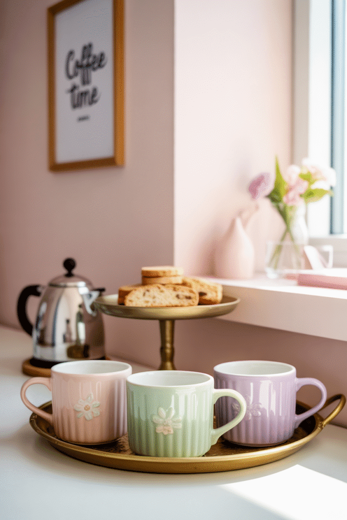 Feminine coffee station with pastel mugs and gold tray.