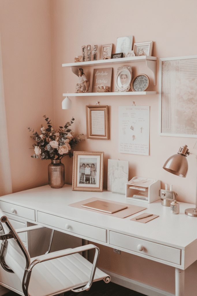 Personal items on girly office desk for a cozy touch.
