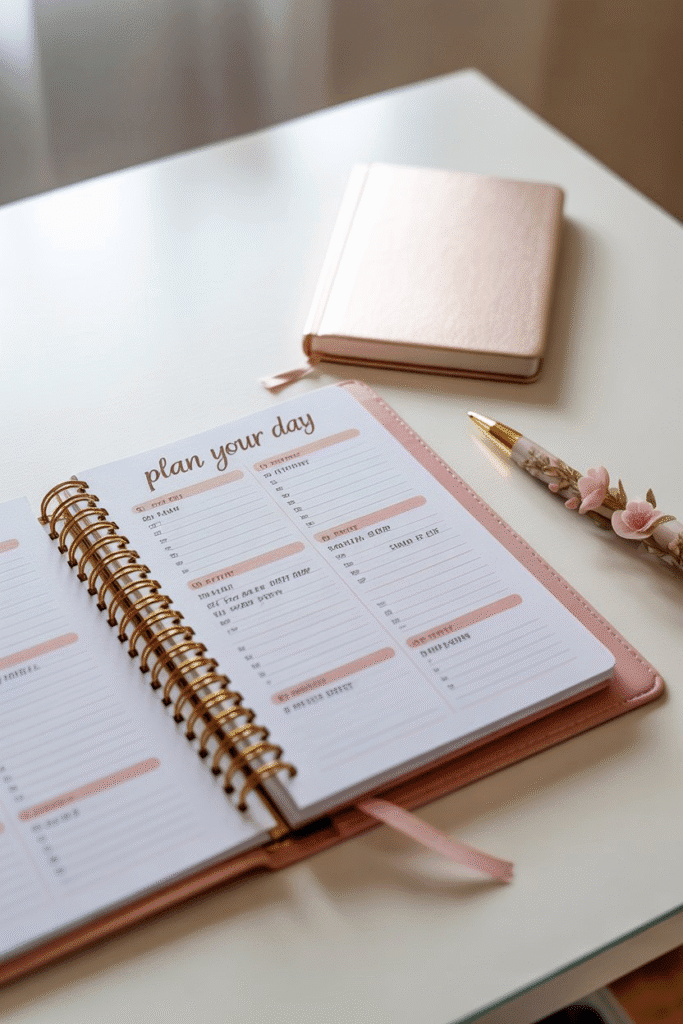 Pink and gold spiral planner on white desk with floral pen and notebook.