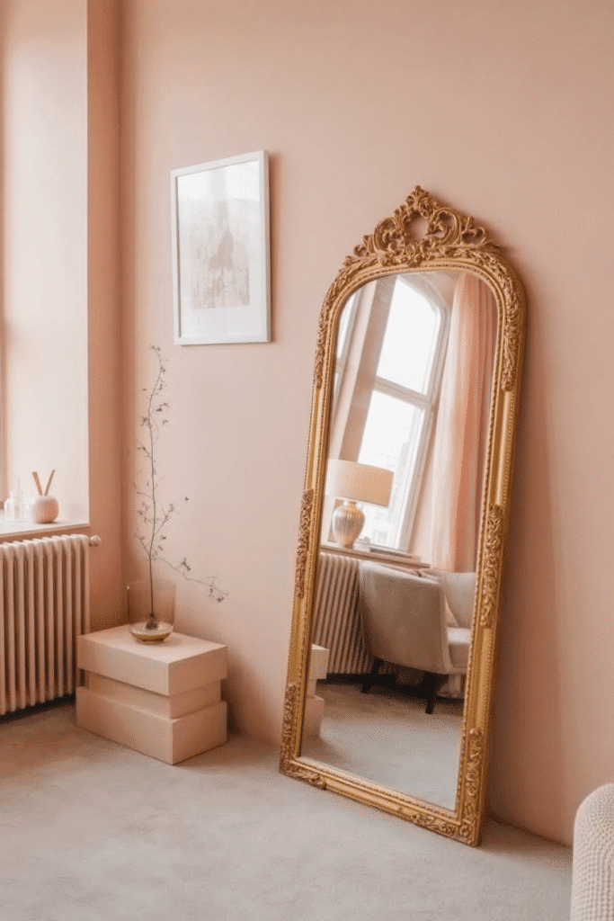 Gold full-length mirror in feminine workspace.