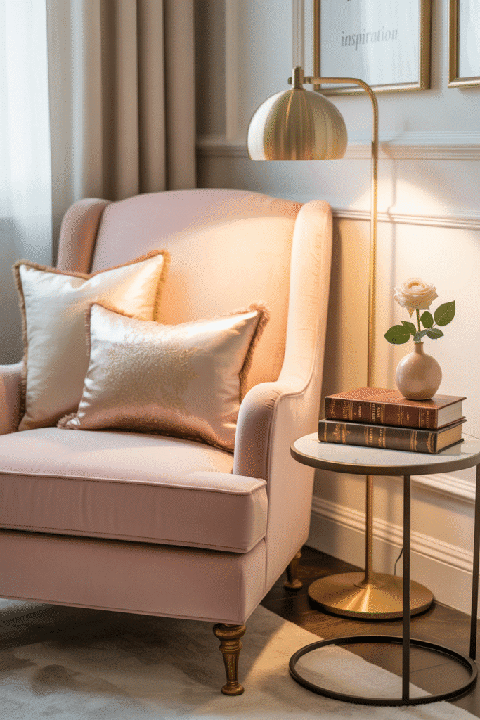 Reading nook with blush chair in feminine home office.