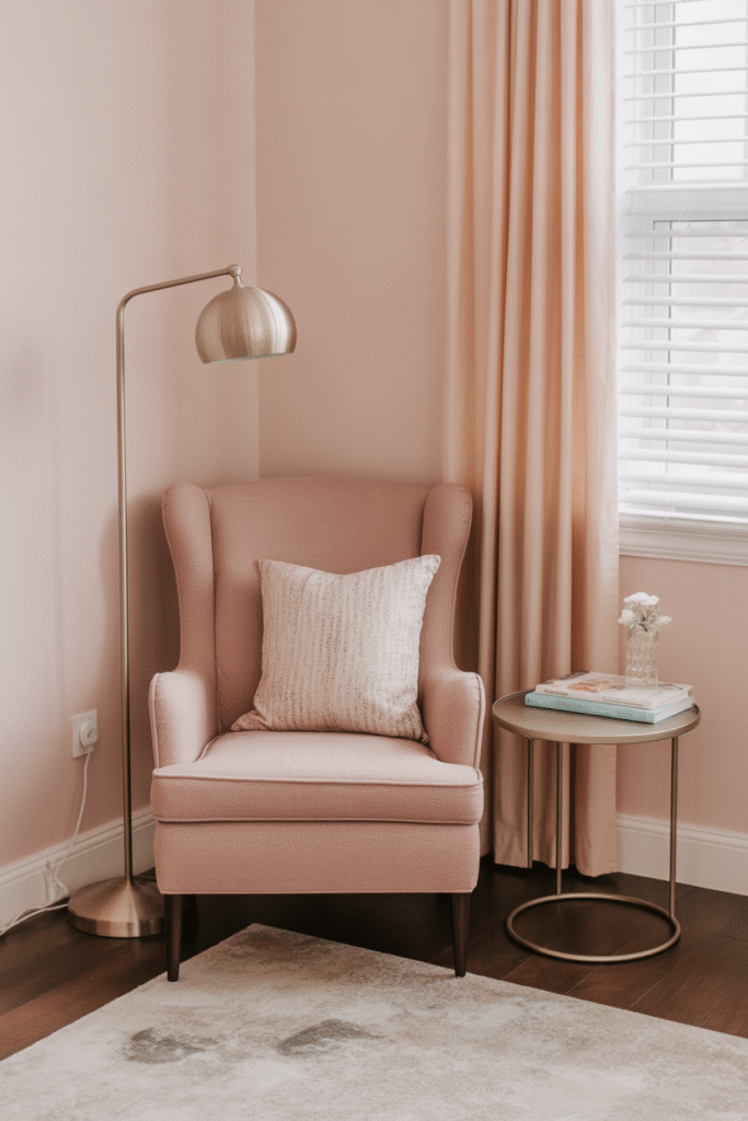 Reading nook with blush chair in feminine home office.