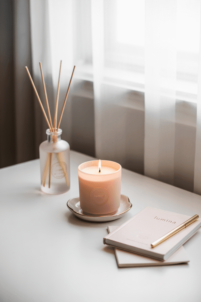 Feminine office with candle and diffuser for signature scent.