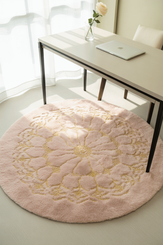 Feminine office with blush Moroccan-style rug under desk.