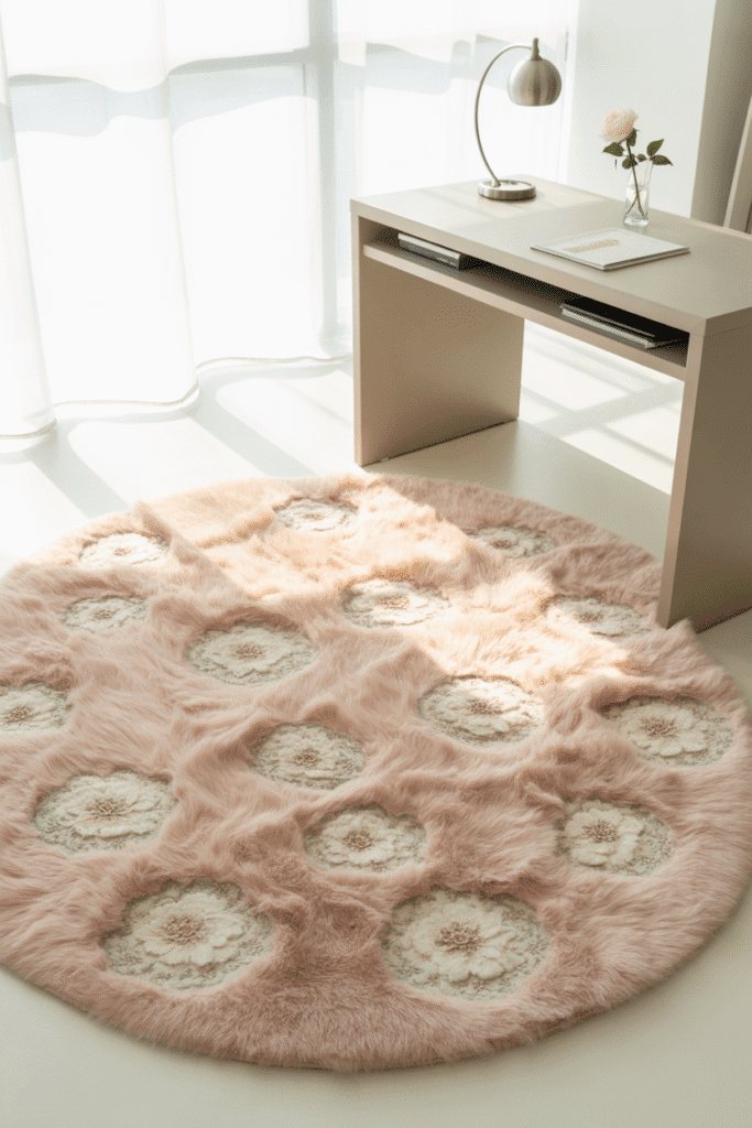 Feminine office with blush Moroccan-style rug under desk.