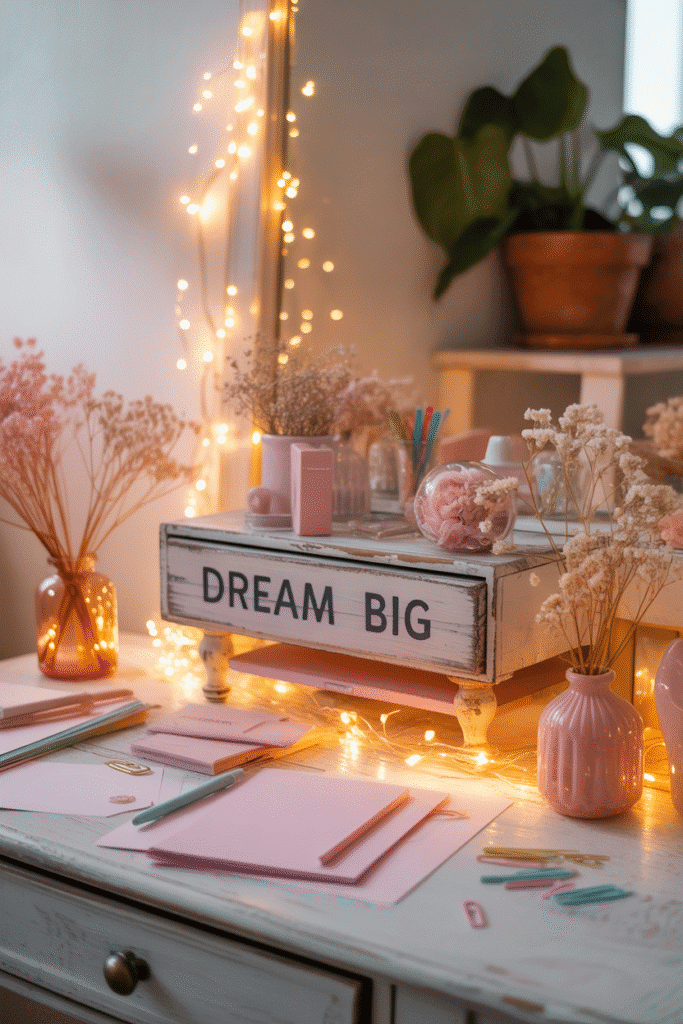 Girly office decorated with fairy lights.