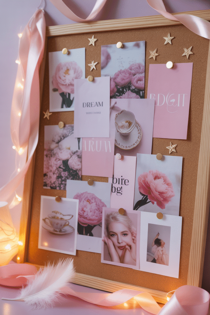 Feminine vision board with pastel decor elements.