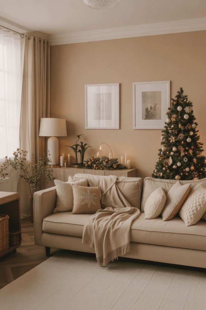 Cozy living room with neutral walls providing a warm and inviting Christmas backdrop.
