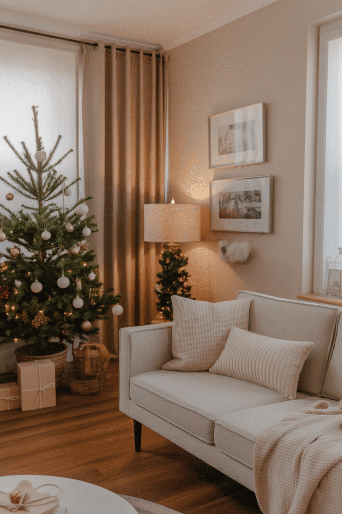 As a part of cozy Christmas aesthetic this picture shows a cozy living room with neutral walls providing a warm and inviting Christmas backdrop.