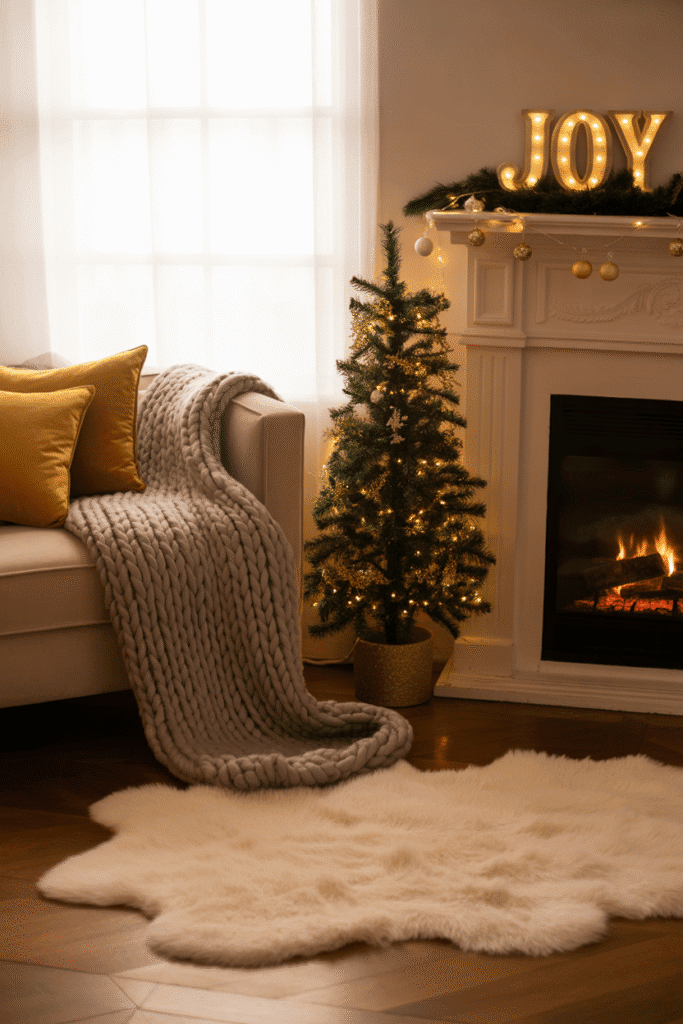 Cozy Christmas living room featuring layered blankets and plush textures.