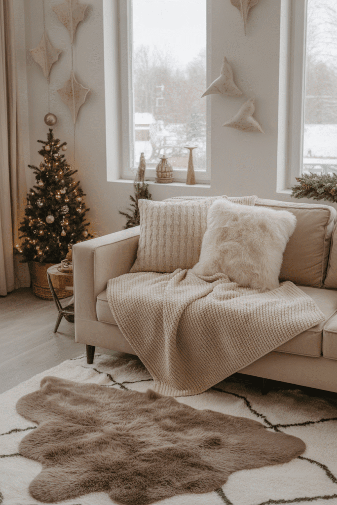 Cozy Christmas living room featuring layered blankets and plush textures.