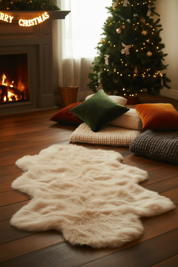 Cozy Christmas living room featuring layered blankets and plush textures.