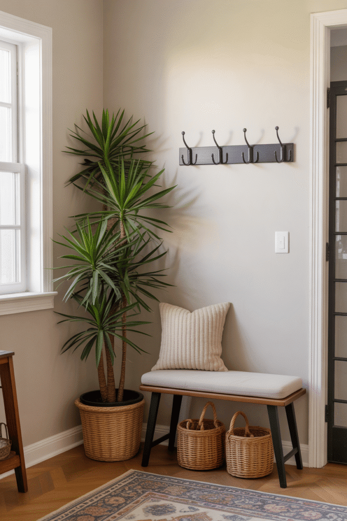 Plants or greenery soften hard lines and add life to small entry spaces.