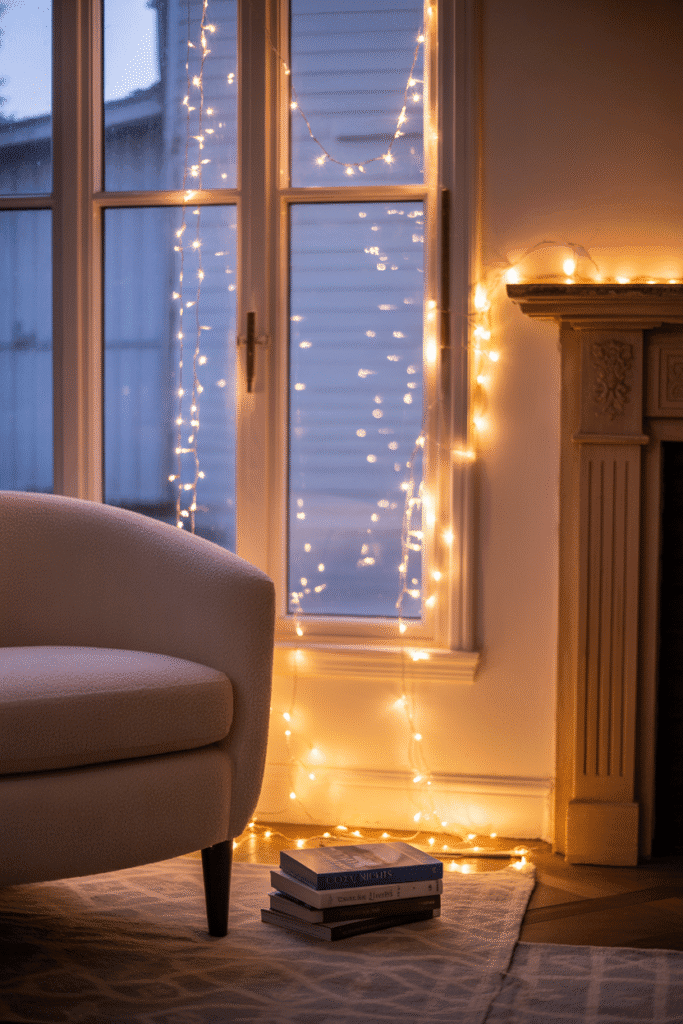 Fairy lights draped around a living room window and mantel, creating a warm glow.