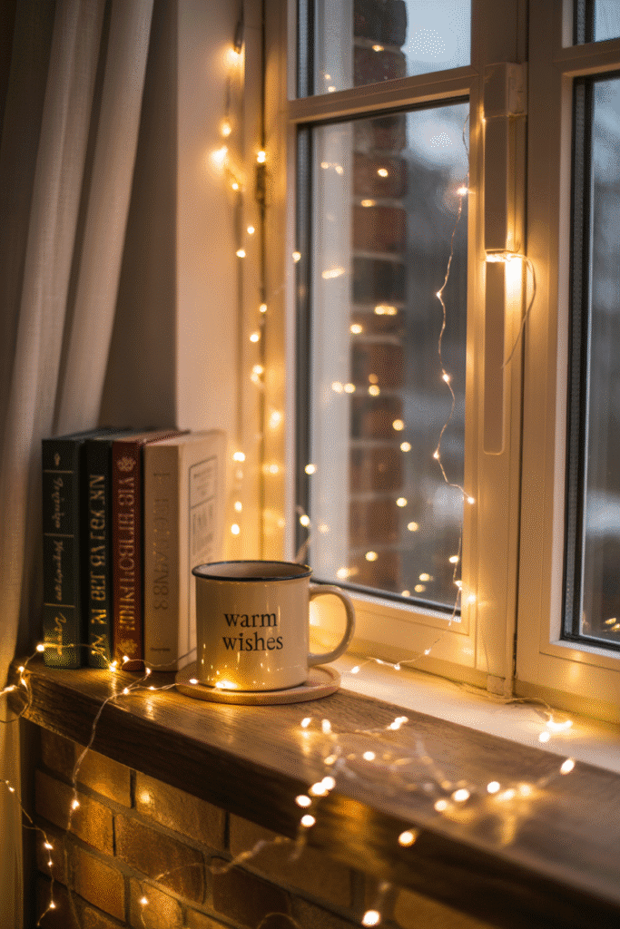 Fairy lights draped around a living room window and mantel, creating a warm glow.