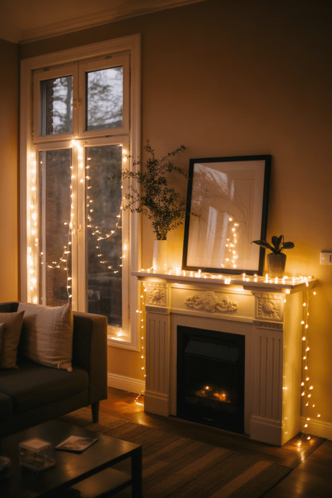 Fairy lights draped around a living room window and mantel, creating a warm glow.