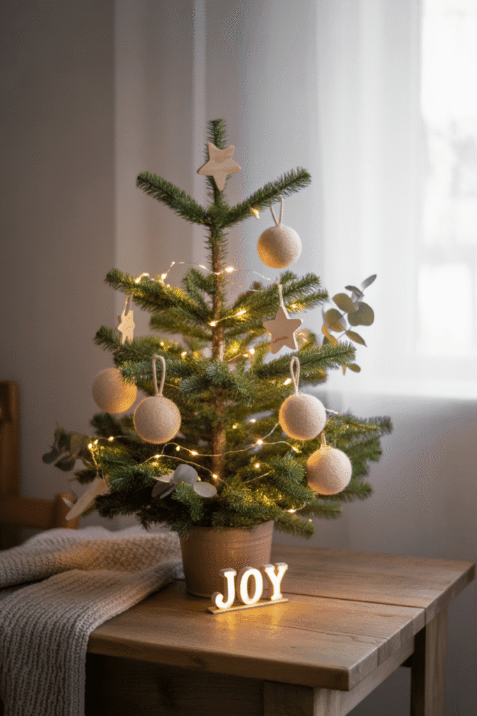 Minimalist Christmas tree adding subtle charm to a cozy room.