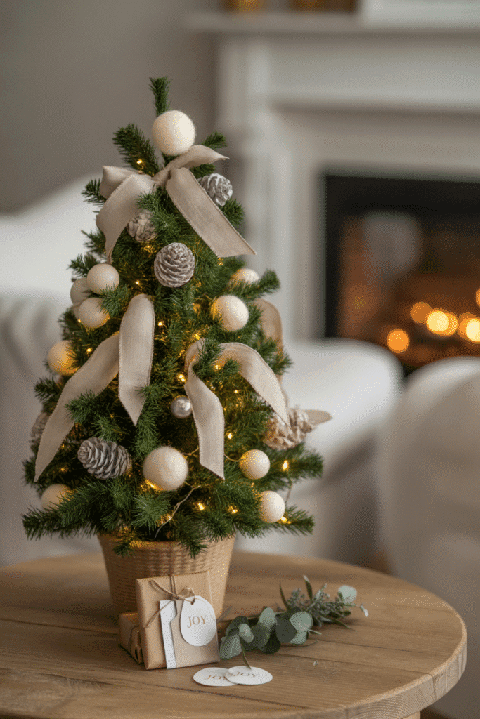 Minimalist Christmas tree adding subtle charm to a cozy room.