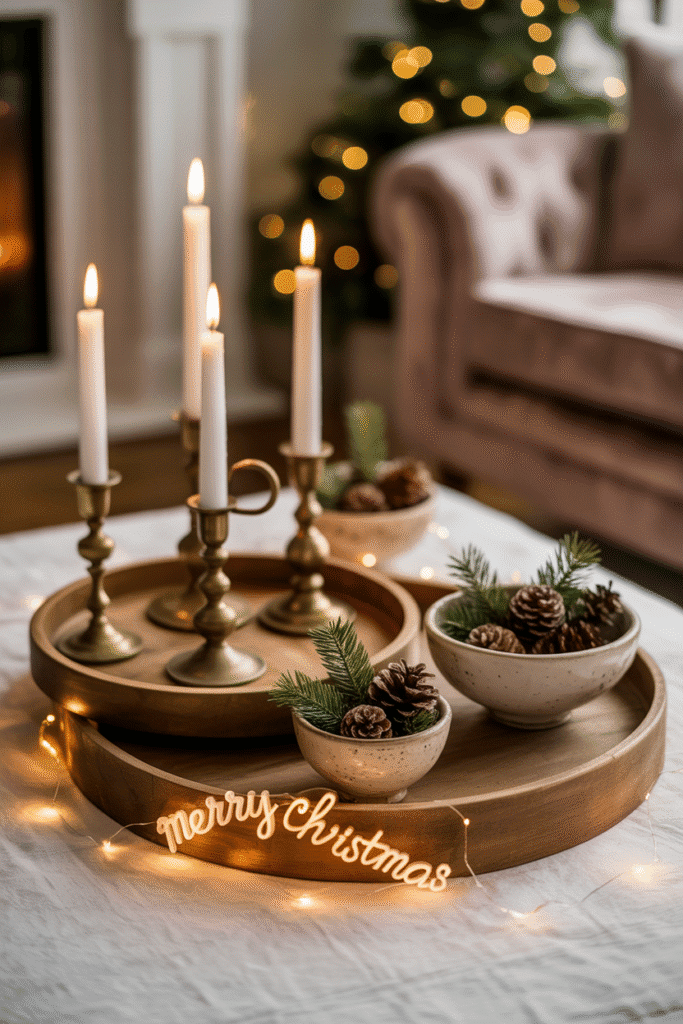 Rustic wooden accents adding warmth and texture to a Christmas setup.