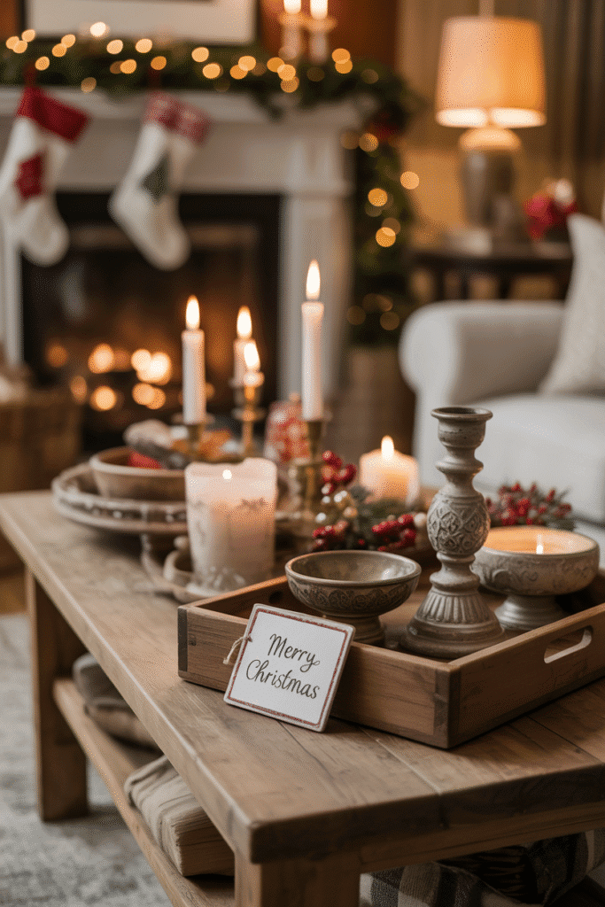 Rustic wooden accents adding warmth and texture to a Christmas setup.