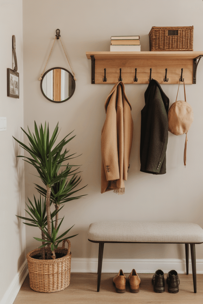 A wall shelf with hooks combines storage and style for efficient entryway design.