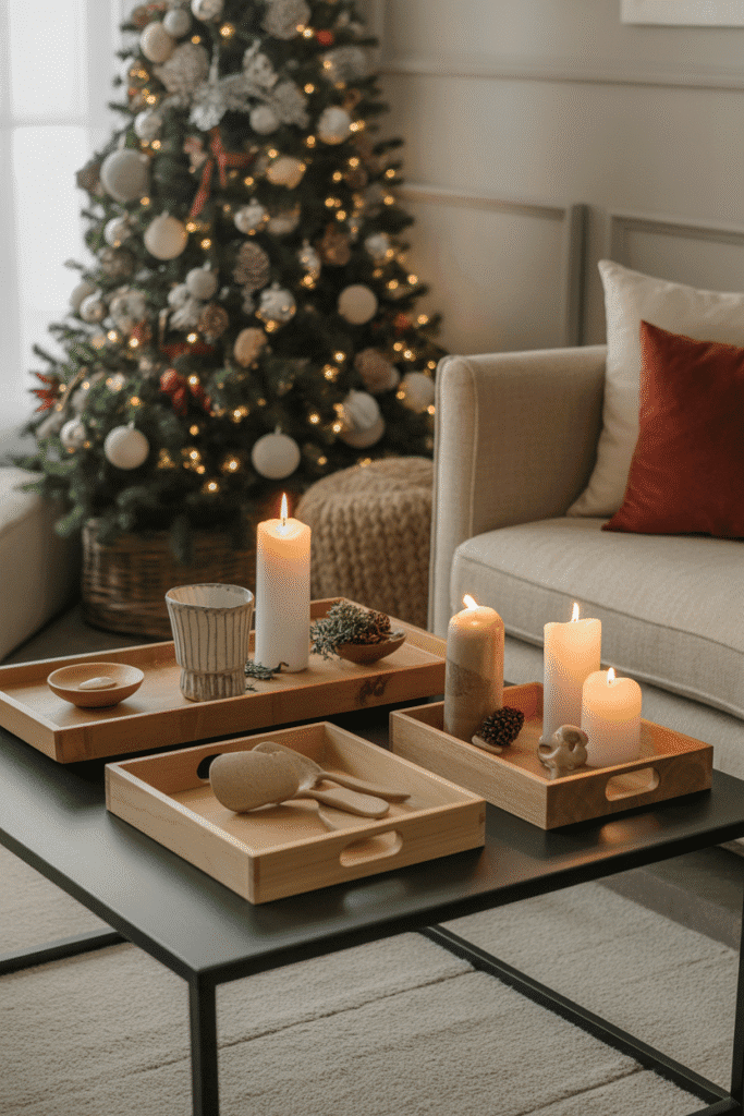 Rustic wooden accents adding warmth and texture to a Christmas setup.
