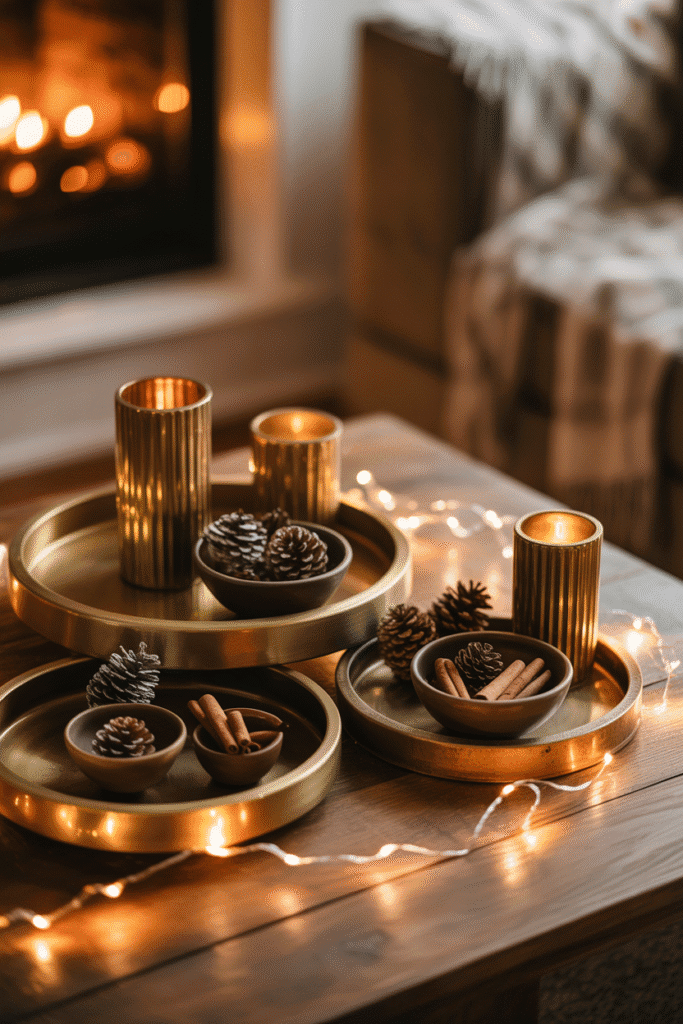 Rustic wooden accents adding warmth and texture to a Christmas setup.