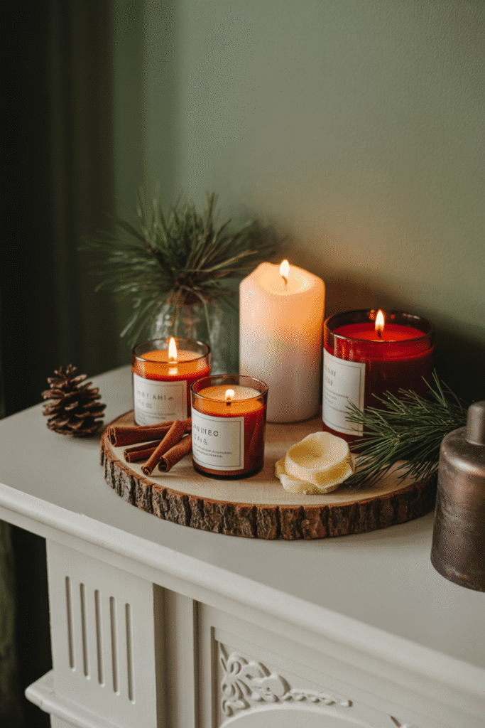 Cozy Christmas scene with scented candles enhancing festive ambiance.