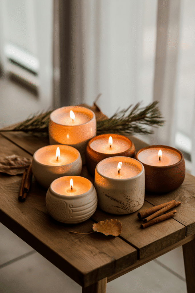 Cozy Christmas scene with scented candles enhancing festive ambiance.