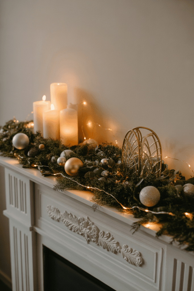 Christmas mantel display with layered textures and festive charm.