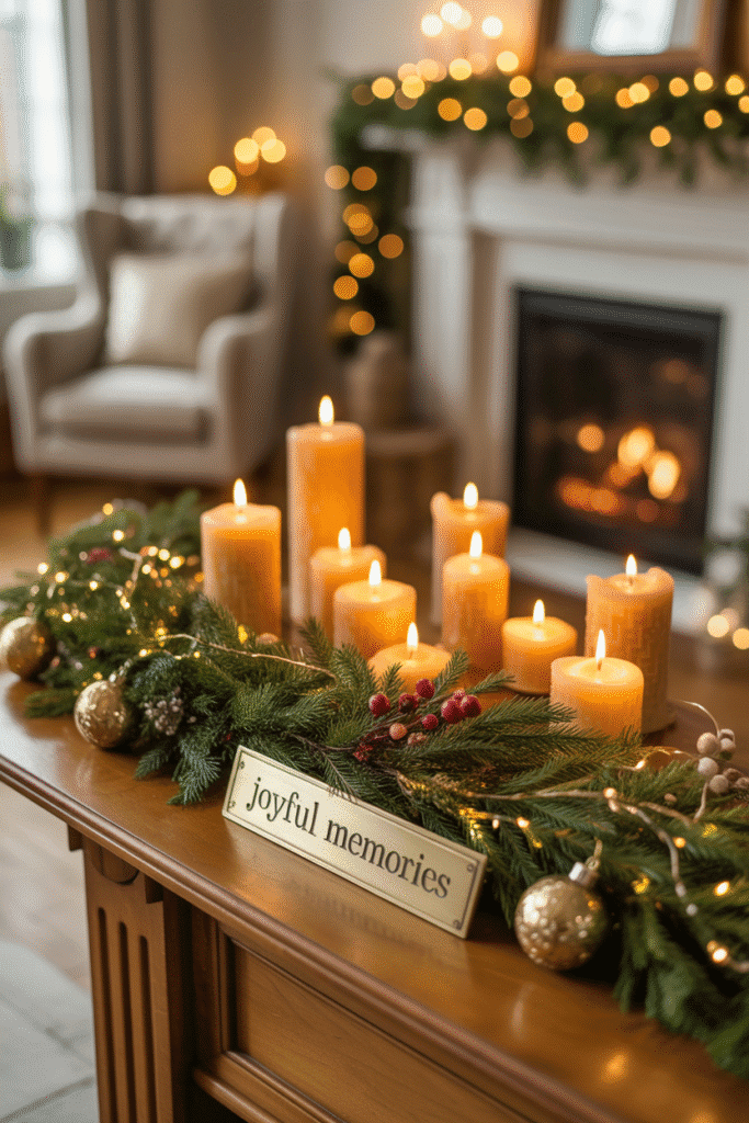 Christmas mantel display with layered textures and festive charm.