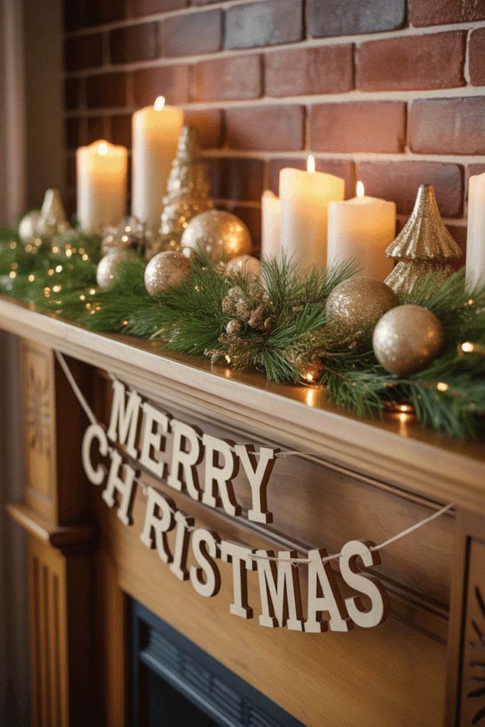 Christmas mantel display with layered textures and festive charm.