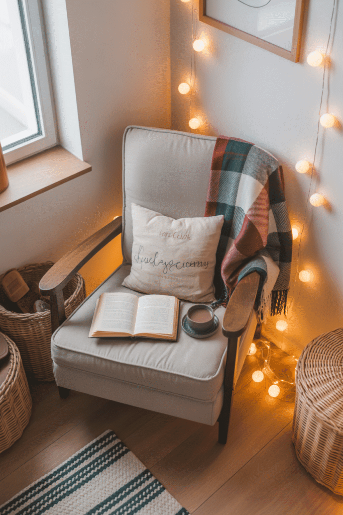 Cozy Christmas reading corner with warm lighting and festive accents.