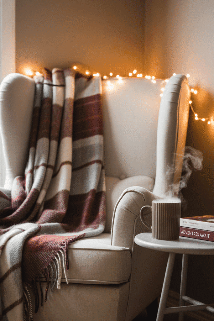 Cozy Christmas reading corner with warm lighting and festive accents.