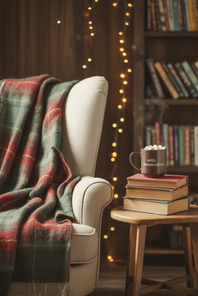 Cozy Christmas reading corner with warm lighting and festive accents.