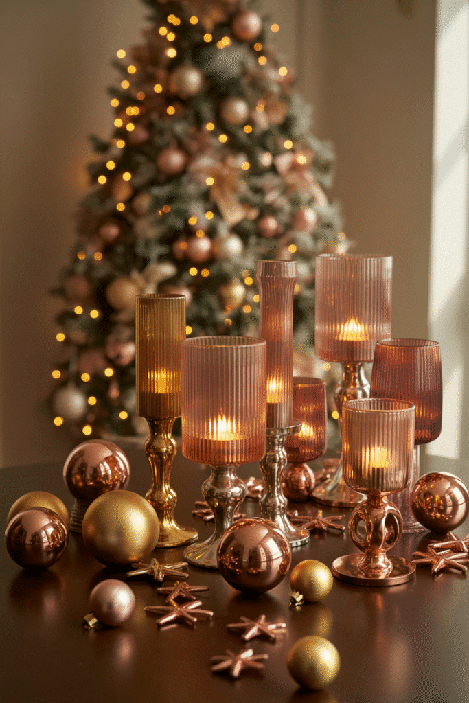 Metallic accents adding warmth and elegance to a cozy Christmas decor.
