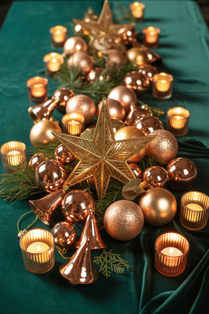 Metallic accents adding warmth and elegance to a cozy Christmas decor.