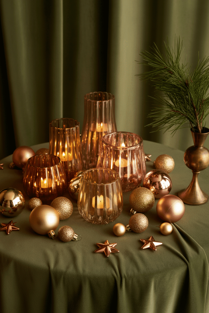 Metallic accents adding warmth and elegance to a cozy Christmas decor.