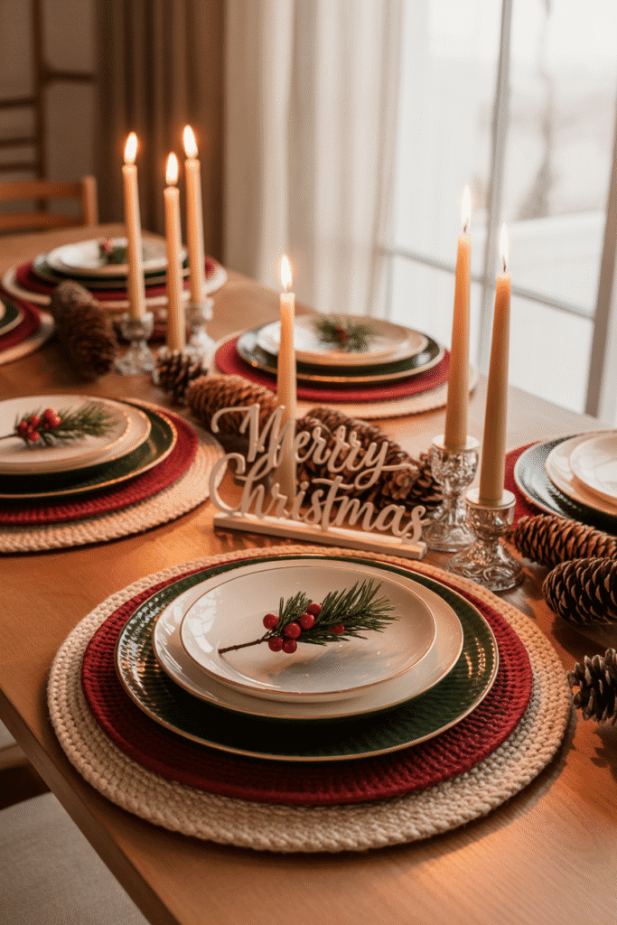 Layered Christmas table setting creating a warm and inviting meal setup.