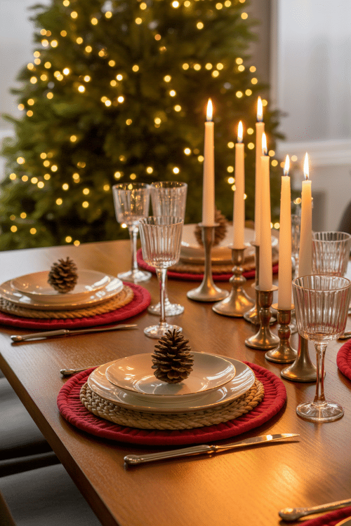 Layered Christmas table setting creating a warm and inviting meal setup.