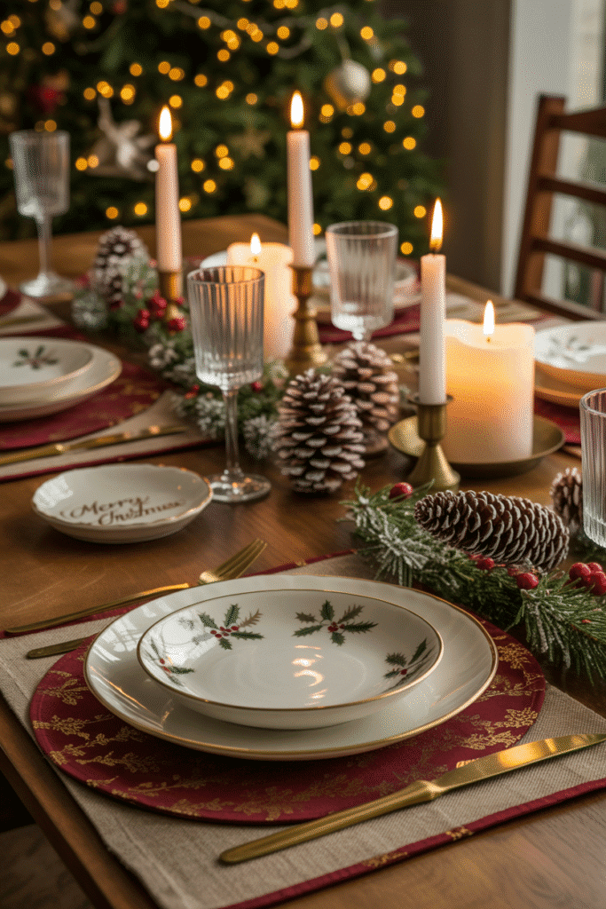 Layered Christmas table setting creating a warm and inviting meal setup.