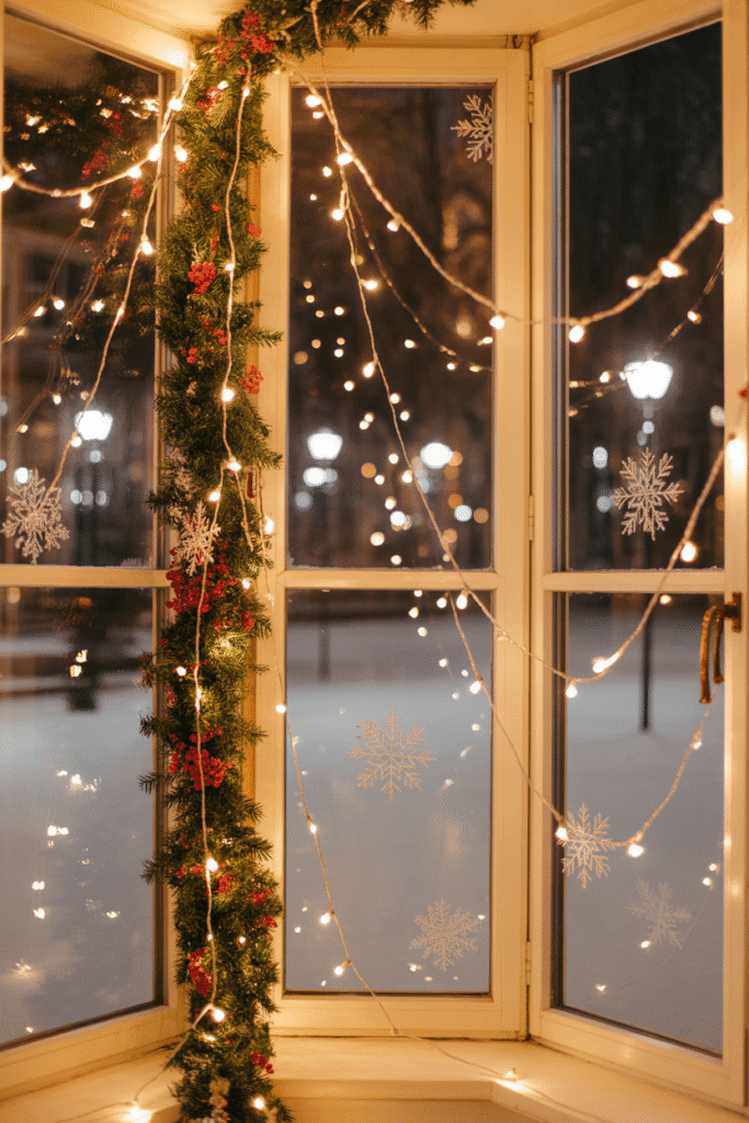 Festive window display with twinkling lights and holiday greenery.