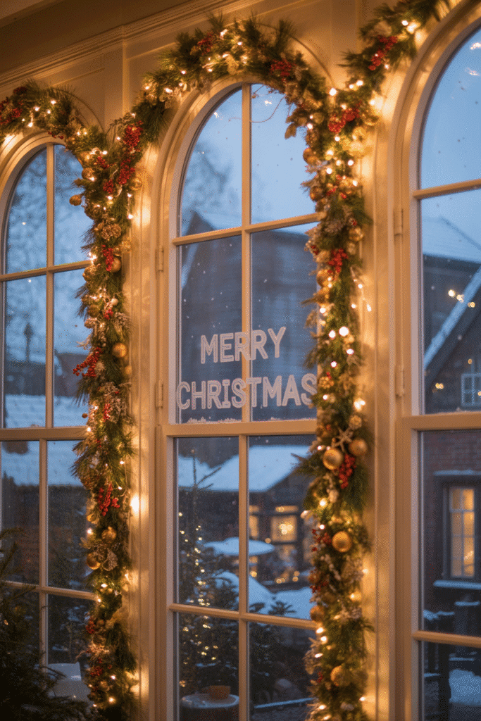 Festive window display with twinkling lights and holiday greenery.