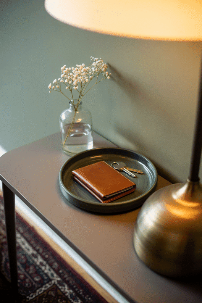 A catch-all tray keeps small essentials organized and stylish in an entry setup.